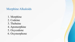 Morphine Alkaloids
1. Morphine
2. Codeine
3. Thebaine
4. Apomorphine
5. Oxycodone
6. Oxymorphone
 