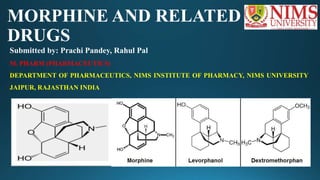 MORPHINE AND RELATED
DRUGS
Submitted by: Prachi Pandey, Rahul Pal
M. PHARM (PHARMACEUTICS)
DEPARTMENT OF PHARMACEUTICS, NIMS INSTITUTE OF PHARMACY, NIMS UNIVERSITY
JAIPUR, RAJASTHAN INDIA
 