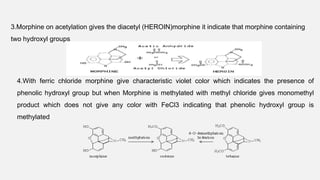 3.Morphine on acetylation gives the diacetyl (HEROIN)morphine it indicate that morphine containing
two hydroxyl groups
4.With ferric chloride morphine give characteristic violet color which indicates the presence of
phenolic hydroxyl group but when Morphine is methylated with methyl chloride gives monomethyl
product which does not give any color with FeCl3 indicating that phenolic hydroxyl group is
methylated
 