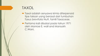 TAXOL
 Taxol adalah senyawa kimia diterpenoid
tipe taksan yang berasal dari tumbuhan
Taxus brevifolia Nutt, famili Taxaceae.
 Pertama kali diisolasi pada tahun 1971
oleh Monroe E. wall and Mansukh
C.Wani.
 