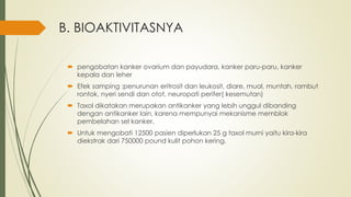 B. BIOAKTIVITASNYA
 pengobatan kanker ovarium dan payudara, kanker paru-paru, kanker
kepala dan leher
 Efek samping :penurunan eritrosit dan leukosit, diare, mual, muntah, rambut
rontok, nyeri sendi dan otot, neuropati perifer( kesemutan)
 Taxol dikatakan merupakan antikanker yang lebih unggul dibanding
dengan antikanker lain, karena mempunyai mekanisme memblok
pembelahan sel kanker.
 Untuk mengobati 12500 pasien diperlukan 25 g taxol murni yaitu kira-kira
diekstrak dari 750000 pound kulit pohon kering.
 