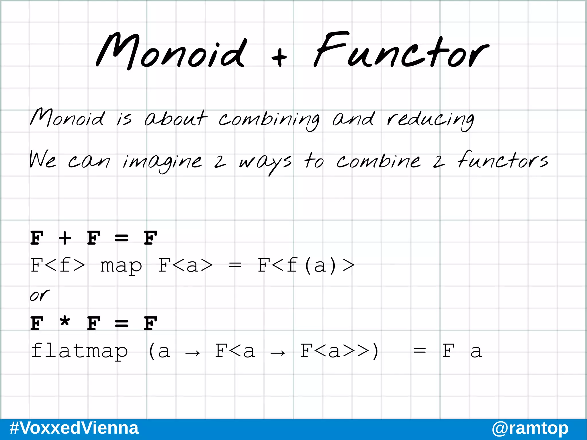 #VoxxedVienna @ramtop
Monoid + Functor
Monoid is about combining and reducing
We can imagine 2 ways to combine 2 functors
F + F = F
F<f> map F<a> = F<f(a)>
or
F * F = F
flatmap (a → F<a → F<a>>) = F a
 