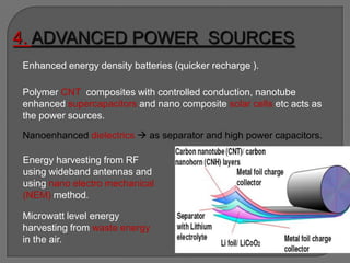 Enhanced energy density batteries (quicker recharge ).
Polymer CNT composites with controlled conduction, nanotube
enhanced supercapacitors and nano composite solar cells etc acts as
the power sources.
Nanoenhanced dielectrics  as separator and high power capacitors.
Energy harvesting from RF
using wideband antennas and
using nano electro mechanical
(NEM) method.
Microwatt level energy
harvesting from waste energy
in the air.
4. ADVANCED POWER SOURCES
 