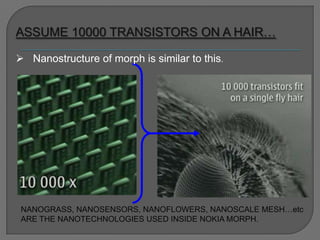 ASSUME 10000 TRANSISTORS ON A HAIR…
 Nanostructure of morph is similar to this.
NANOGRASS, NANOSENSORS, NANOFLOWERS, NANOSCALE MESH…etc
ARE THE NANOTECHNOLOGIES USED INSIDE NOKIA MORPH.
 