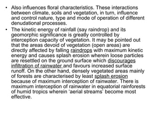 • Also influences floral characteristics. These interactions
between climate, soils and vegetation, in turn, influence
and control nature, type and mode of operation of different
denudational processes.
• The kinetic energy of rainfall (say raindrop) and its
geomorphic significance is greatly controlled by
interception capacity of vegetation. It may be pointed out
that the areas devoid of vegetation (open areas) are
directly affected by falling raindrops with maximum kinetic
energy and causes splash erosion wherein loose particles
are resettled on the ground surface which discourages
infiltration of rainwater and favours increased surface
runoff. On the other hand, densely vegetated areas mainly
of forests are characterised by least splash erosion
because of maximum interception of rainwater. There is
maximum interception of rainwater in equatorial rainforests
of humid tropics wherein ‘aerial streams’ become most
effective.
 