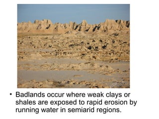 • Badlands occur where weak clays or
shales are exposed to rapid erosion by
running water in semiarid regions.
 