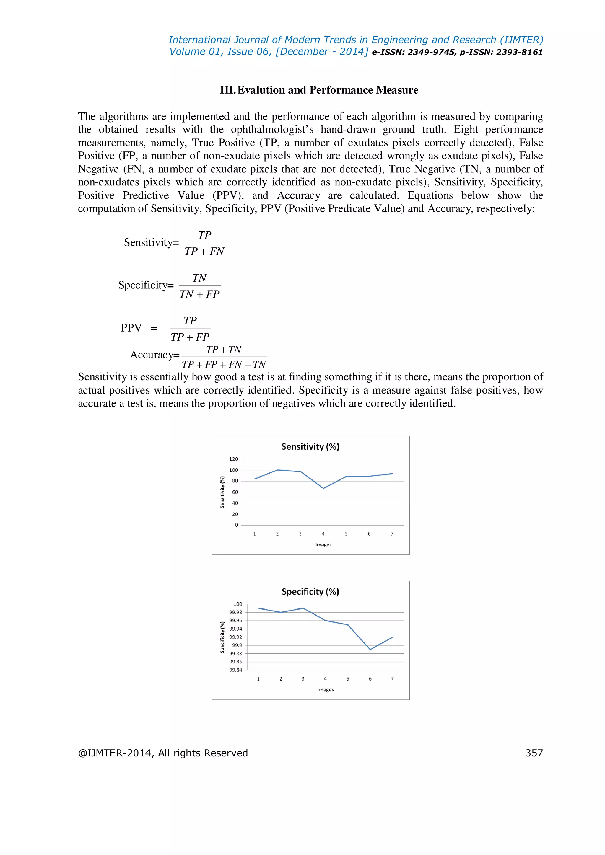 International Journal of Modern Trends in Engineering and Research (IJMTER)
Volume 01, Issue 06, [December - 2014] e-ISSN: 2349-9745, p-ISSN: 2393-8161
@IJMTER-2014, All rights Reserved 357
III.Evalution and Performance Measure
The algorithms are implemented and the performance of each algorithm is measured by comparing
the obtained results with the ophthalmologist’s hand-drawn ground truth. Eight performance
measurements, namely, True Positive (TP, a number of exudates pixels correctly detected), False
Positive (FP, a number of non-exudate pixels which are detected wrongly as exudate pixels), False
Negative (FN, a number of exudate pixels that are not detected), True Negative (TN, a number of
non-exudates pixels which are correctly identified as non-exudate pixels), Sensitivity, Specificity,
Positive Predictive Value (PPV), and Accuracy are calculated. Equations below show the
computation of Sensitivity, Specificity, PPV (Positive Predicate Value) and Accuracy, respectively:
Sensitivity=
FNTP
TP
+
Specificity=
FPTN
TN
+
PPV =
FPTP
TP
+
Accuracy=
TNFNFPTP
TNTP
+++
+
Sensitivity is essentially how good a test is at finding something if it is there, means the proportion of
actual positives which are correctly identified. Specificity is a measure against false positives, how
accurate a test is, means the proportion of negatives which are correctly identified.
 