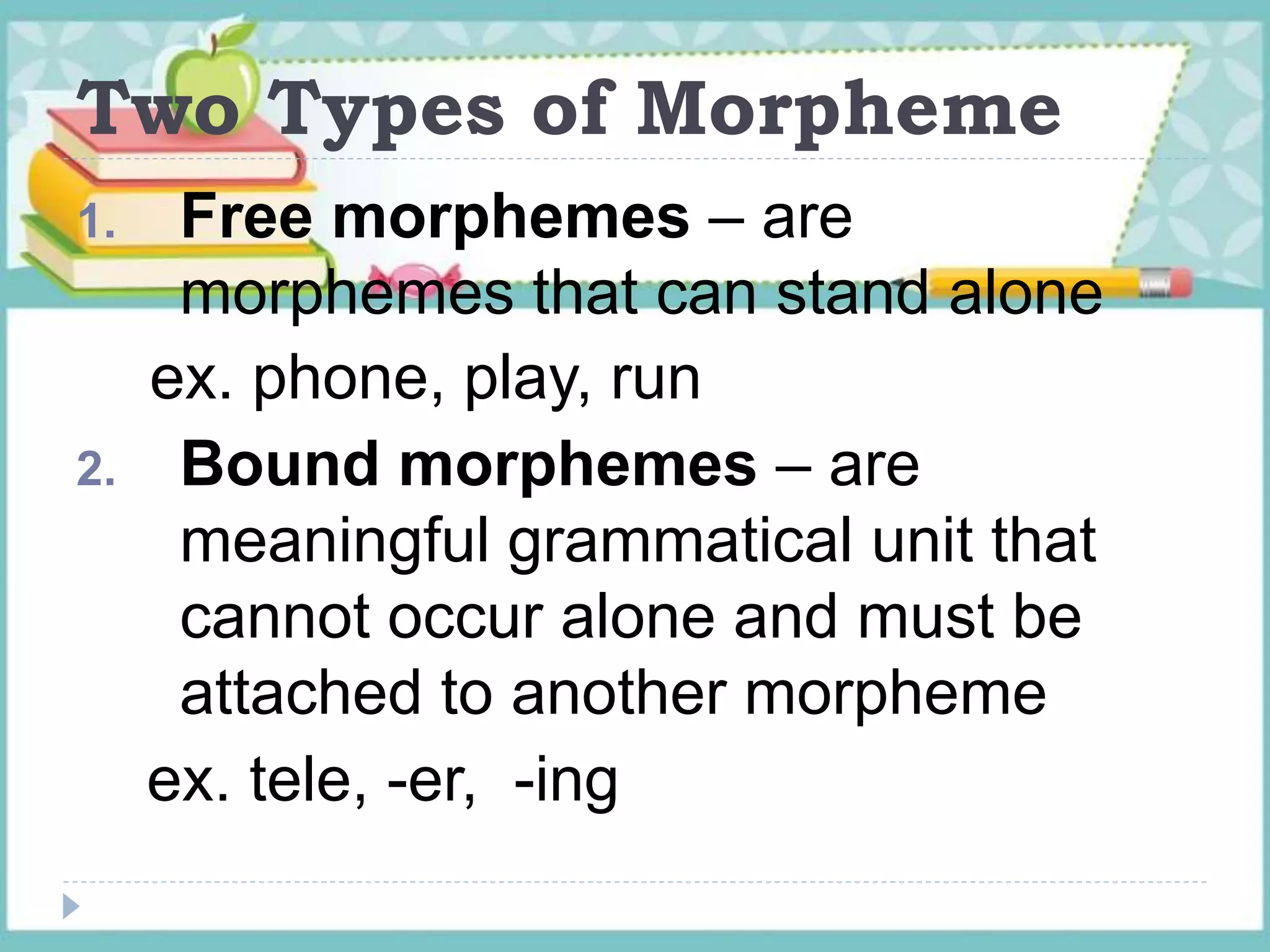 Two Types of Morpheme
1. Free morphemes – are
morphemes that can stand alone
ex. phone, play, run
2. Bound morphemes – are
meaningful grammatical unit that
cannot occur alone and must be
attached to another morpheme
ex. tele, -er, -ing
 