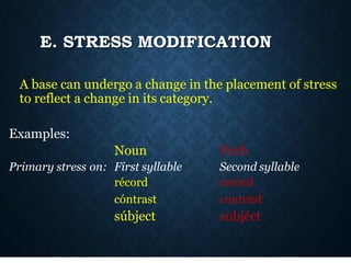 E. STRESS MODIFICATION
A base can undergo a change in the placement of stress
to reflect a change in its category.
Examples:
Noun
Primary stress on: First syllable
récord
cóntrast
súbject
Verb
Second syllable
recórd
contrást
subjéct
 