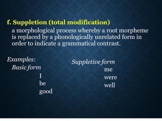 f. Suppletion (total modification)
a morphological process whereby a root morpheme
is replaced by a phonologically unrelated form in
order to indicate a grammatical contrast.
Examples:
Basic form
I
be
good
Suppletive form
me
were
well
 