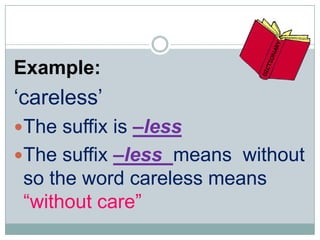 Example:

„careless‟
The suffix is –less
The suffix –less means without

so the word careless means
“without care”

 