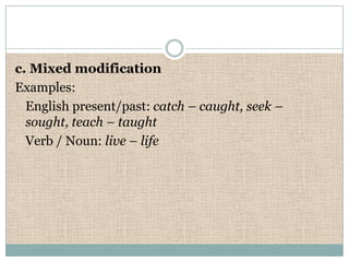 c. Mixed modification
Examples:
English present/past: catch – caught, seek –
sought, teach – taught
Verb / Noun: live – life

 