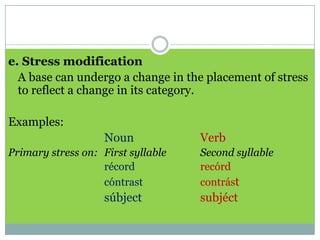 e. Stress modification
A base can undergo a change in the placement of stress
to reflect a change in its category.
Examples:
Noun
Primary stress on: First syllable
récord
cóntrast

súbject

Verb
Second syllable
recórd
contrást

subjéct

 