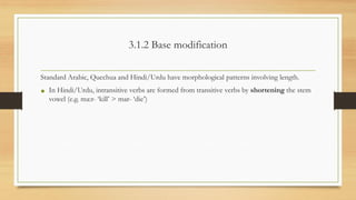 3.1.2 Base modification
Standard Arabic, Quechua and Hindi/Urdu have morphological patterns involving length.
• In Hindi/Urdu, intransitive verbs are formed from transitive verbs by shortening the stem
vowel (e.g. ma:r- ‘kill’ > mar- ‘die’)
 