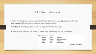 3.1.2 Base modification
Finally, two interesting but less commonly attested morphological patterns result from
subtraction (deleting one or more segments from the base)
metathesis (switching of two or more segments within the base).
• One way of forming the plural in Murle is by subtracting the last consonant:
 