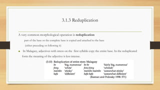 3.1.3 Reduplication
A very common morphological operation is reduplication
part of the base or the complete base is copied and attached to the base
(either preceding or following it)
• In Malagasy, adjectives with stress on the first syllable copy the entire base. In the reduplicated
form the meaning of the adjective is less intense.
 