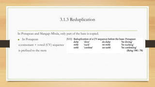 3.1.3 Reduplication
In Ponapean and Mangap-Mbula, only part of the base is copied.
• In Ponapean
a consonant + vowel (CV) sequence
is prefixed to the stem
 