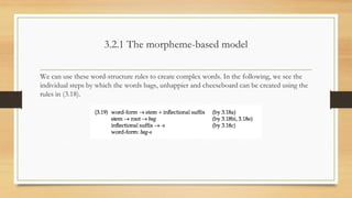 3.2.1 The morpheme-based model
We can use these word-structure rules to create complex words. In the following, we see the
individual steps by which the words bags, unhappier and cheeseboard can be created using the
rules in (3.18).
 