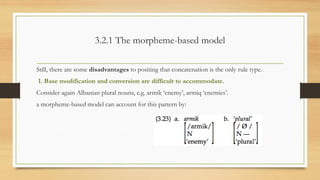 3.2.1 The morpheme-based model
Still, there are some disadvantages to positing that concatenation is the only rule type.
1. Base modification and conversion are difficult to accommodate.
Consider again Albanian plural nouns, e.g. armik ‘enemy’, armiq ‘enemies’.
a morpheme-based model can account for this pattern by:
 