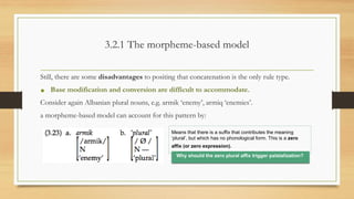 3.2.1 The morpheme-based model
Still, there are some disadvantages to positing that concatenation is the only rule type.
• Base modification and conversion are difficult to accommodate.
Consider again Albanian plural nouns, e.g. armik ‘enemy’, armiq ‘enemies’.
a morpheme-based model can account for this pattern by:
Means that there is a suffix that contributes the meaning
‘plural’, but which has no phonological form. This is a zero
affix (or zero expression).
Why should the zero plural affix trigger palatalization?
 