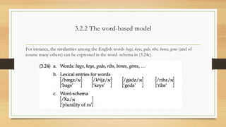 3.2.2 The word-based model
For instance, the similarities among the English words bags, keys, gods, ribs, bones, gems (and of
course many others) can be expressed in the word- schema in (3.24c).
 