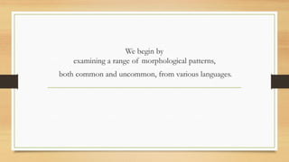 We begin by
examining a range of morphological patterns,
both common and uncommon, from various languages.
 