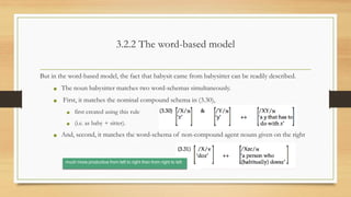 3.2.2 The word-based model
But in the word-based model, the fact that babysit came from babysitter can be readily described.
• The noun babysitter matches two word-schemas simultaneously.
• First, it matches the nominal compound schema in (3.30),
• first created using this rule
• (i.e. as baby + sitter).
• And, second, it matches the word-schema of non-compound agent nouns given on the right
much more productive from left to right than from right to left
 