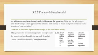 3.2.2 The word-based model
As with the morpheme-based model, this raises the question: What are the advantages
and disadvantages of an approach that allows a wide variety of rules, and gives no special status
to rules of concatenation?
There are at least three significant advantages of the word-based model.
Third, even some concatenative patterns cause problems
for morpheme-based models but are easily described
within a word-based model. Cross-formations
 