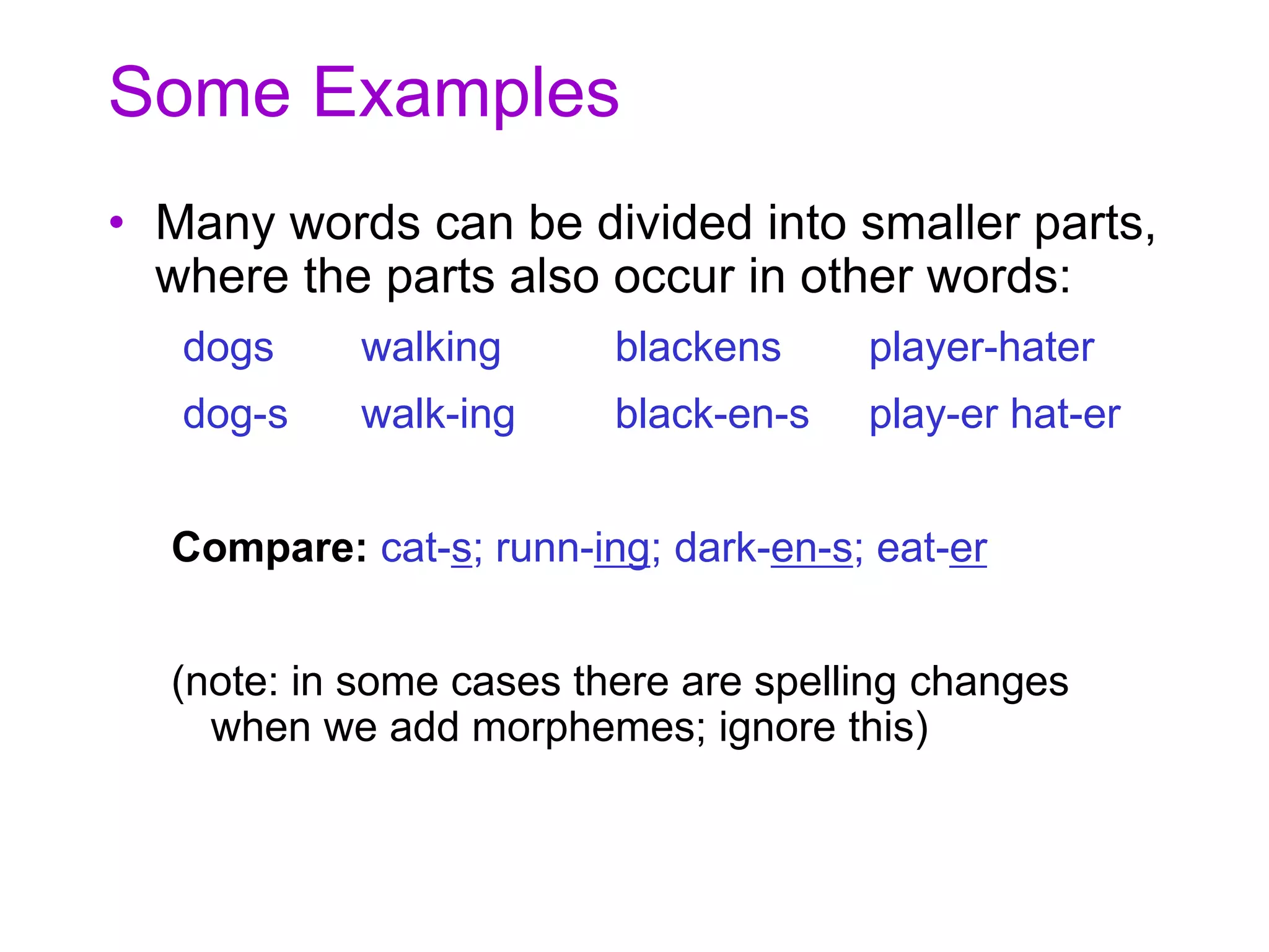 Some Examples
• Many words can be divided into smaller parts,
where the parts also occur in other words:
dogs walking blackens player-hater
dog-s walk-ing black-en-s play-er hat-er
Compare: cat-s; runn-ing; dark-en-s; eat-er
(note: in some cases there are spelling changes
when we add morphemes; ignore this)
 