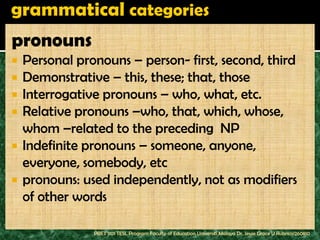 pronouns
   Personal pronouns – person- first, second, third
   Demonstrative – this, these; that, those
   Interrogative pronouns – who, what, etc.
   Relative pronouns –who, that, which, whose,
    whom –related to the preceding NP
   Indefinite pronouns – someone, anyone,
    everyone, somebody, etc
   pronouns: used independently, not as modifiers
    of other words

                PBET 1101 TESL Program Faculty of Education Universiti Malaya Dr. Jessie Grace U Rubrico/260810
 