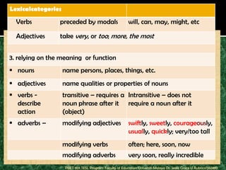 Lexicalcategories

  Verbs          preceded by modals                         will, can, may, might, etc

  Adjectives     take very, or too; more, the most


3. relying on the meaning or function
 nouns             name persons, places, things, etc.
 adjectives        name qualities or properties of nouns
 verbs -           transitive – requires a Intransitive – does not
  describe          noun phrase after it require a noun after it
  action            (object)
 adverbs –         modifying adjectives                    swiftly, sweetly, courageously,
                                                            usually, quickly; very/too tall
                    modifying verbs                         often; here, soon, now
                    modifying adverbs                       very soon, really incredible
                     PBET 1101 TESL Program Faculty of Education Universiti Malaya Dr. Jessie Grace U Rubrico/260810
 