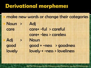    make new words or change their categories
   Noun >         Adj
    care           care+ -ful > careful
                   care+ -less > careless
   Adj    >       Noun
    good           good + -ness > goodness
    lovely         lovely + -ness > loveliness


               PBET 1101 TESL Program Faculty of Education Universiti Malaya Dr. Jessie Grace U Rubrico/260810
 