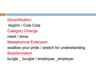 Generification
Aspirin / Cola Cola
Category Change
need / show
Metaphorical Extension
swallow your pride / stretch for understanding
Backformation
burgle _ burglar / employee _employer
 