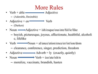 More Rules
• Not all derivational morphemes cause a change in grammatical
Class
– friend+ship, human+ity, un+do, re+cover,...