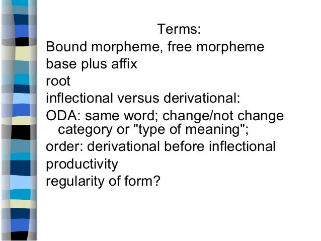 morphology affix and word How to describe an affix: some examples from derivational morphology:-ation is added to a verb or root (finalize, anim-) to give a noun (finalization, animation. morphology affix and word How to describe an affix: some examples from derivational morphology:-ation is added to a verb or root (finalize, anim-) to give a noun (finalization, animation.