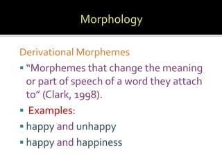 Derivational Morphemes 
 “Morphemes that change the meaning 
or part of speech of a word they attach 
to” (Clark, 1998). 
 Examples: 
 happy and unhappy 
 happy and happiness 
 