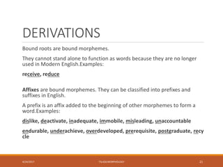 DERIVATIONS
Bound roots are bound morphemes.
They cannot stand alone to function as words because they are no longer
used in Modern English.Examples:
receive, reduce
Affixes are bound morphemes. They can be classified into prefixes and
suffixes in English.
A prefix is an affix added to the beginning of other morphemes to form a
word.Examples:
dislike, deactivate, inadequate, immobile, misleading, unaccountable
endurable, underachieve, overdeveloped, prerequisite, postgraduate, recy
cle
4/24/2017 TSL426 MORPHOLOGY 21
 