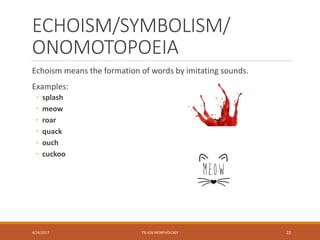 ECHOISM/SYMBOLISM/
ONOMOTOPOEIA
Echoism means the formation of words by imitating sounds.
Examples:
◦ splash
◦ meow
◦ roar
◦ quack
◦ ouch
◦ cuckoo
4/24/2017 TSL426 MORPHOLOGY 22
 