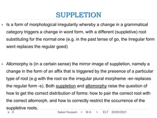 SUPPLETION
20/05/2021
Sakar Hussein > M.A > ELT
8
 Is a form of morphological irregularity whereby a change in a grammatical
category triggers a change in word form, with a different (suppletive) root
substituting for the normal one (e.g. in the past tense of go, the Irregular form
went replaces the regular goed)
 Allomorphy is (in a certain sense) the mirror image of suppletion, namely a
change in the form of an affix that is triggered by the presence of a particular
type of root (e.g with the root ox the irregular plural morpheme -en replaces
the regular form -s). Both suppletion and allomorphy raise the question of
how to get the correct distribution of forms: how to pair the correct root with
the correct allomorph, and how to correctly restrict the occurrence of the
suppletive roots.
 