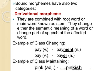 Bound morphemes have also two
categories:
1. Derivational morpheme
 They are combined with root word or
main word known as stem. They change
either the semantic meaning of a word or
change part of speech of the affected
word.
Example of Class Changing:
pay (v.) - payment (n.)
pay (v.) - payer (n.)
Example of Class Maintaining:
pink (adj.) - pinkish
Hamza&Nur-Aldin 6
 