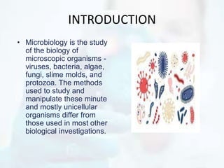 INTRODUCTION
• Microbiology is the study
of the biology of
microscopic organisms -
viruses, bacteria, algae,
fungi, slime molds, and
protozoa. The methods
used to study and
manipulate these minute
and mostly unicellular
organisms differ from
those used in most other
biological investigations.
 