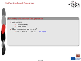 Unification-based Grammars
Problems with context-free grammars
Agreement:
The man sleep
These house
How to examine agreement?
VP → NP 3S VP 3S he sleeps
117 / 144
 