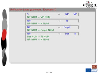 Unification-based grammars. Example (I)
S → NP VP
NP NUM = VP NUM
NP → N
NP NUM = N NUM
NP → PropN
NP NUM = PropN NUM
NP → Det N
Det NUM = N NUM
NP NUM = N NUM
127 / 144
 