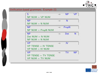 Unification-based grammars. Example (I)
S → NP VP
NP NUM = VP NUM
NP → N
NP NUM = N NUM
NP → PropN
NP NUM = PropN NUM
NP → Det N
Det NUM = N NUM
NP NUM = N NUM
VP → IV
VP TENSE = IV TENSE
VP NUM = IV NUM
VP → TV NP
VP TENSE = TV TENSE
VP NUM = TV NUM
129 / 144
 