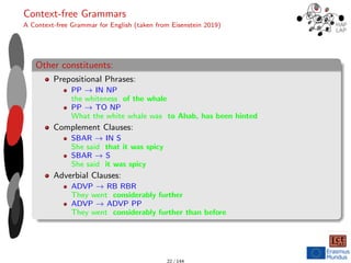 Context-free Grammars
A Context-free Grammar for English (taken from Eisenstein 2019)
Other constituents:
Prepositional Phrases:
PP → IN NP
the whiteness of the whale
PP → TO NP
What the white whale was to Ahab, has been hinted
Complement Clauses:
SBAR → IN S
She said that it was spicy
SBAR → S
She said it was spicy
Adverbial Clauses:
ADVP → RB RBR
They went considerably further
ADVP → ADVP PP
They went considerably further than before
22 / 144
 