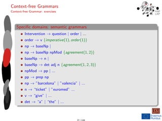 Context-free Grammars
Context-free Grammar: exercises
Specific domains: semantic grammars
Intervention → question | order | ...
order → v {imperative(1), order(1)}
np → baseNp |
np → baseNp npMod {agreement(1, 2)}
baseNp → n |
baseNp → det adj n {agreement(1, 2, 3)}
npMod → pp | ...
pp → prep np
np → ”barcelona” | ”valencia” | ...
n → “ticket” | ”euromed” ...
v → “give” | ...
det → “a” | “the” | ...
27 / 144
 