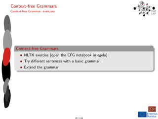 Context-free Grammars
Context-free Grammar: exercises
Context-free Grammars
NLTK exercise (open the CFG notebook in egela)
Try different sentences with a basic grammar
Extend the grammar
28 / 144
 