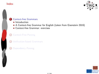 Index
1 Context-free Grammars
Introduction
A Context-free Grammar for English (taken from Eisenstein 2019)
Context-free Grammar: exercises
2 Context-Free Parsing
3 Unification-based Grammars
4 Dependency Parsing
4 / 144
 