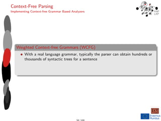 Context-Free Parsing
Implementing Context-free Grammar Based Analyzers
Weighted Context-free Grammars (WCFG)
With a real language grammar, typically the parser can obtain hundreds or
thousands of syntactic trees for a sentence
54 / 144
 