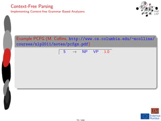 Context-Free Parsing
Implementing Context-free Grammar Based Analyzers
Example PCFG (M. Collins, http://www.cs.columbia.edu/~mcollins/
courses/nlp2011/notes/pcfgs.pdf)
S → NP VP 1.0
73 / 144
 